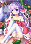  1girl :o alternate_costume arm_support azur_lane bangs bare_shoulders blush box christmas christmas_wreath collarbone commentary_request detached_sleeves dress eyebrows_visible_through_hair fur-trimmed_dress fur-trimmed_sleeves fur_trim gift gift_box hair_bun hair_ribbon head_tilt holding holding_gift kedama_(kedama_akaza) long_hair long_sleeves looking_at_viewer no_shoes one_side_up panties parted_lips polka_dot purple_hair red_dress red_ribbon ribbon sack santa_costume side_bun sitting solo star strapless strapless_dress thigh-highs underwear unicorn_(azur_lane) very_long_hair violet_eyes white_legwear white_panties wide_sleeves 