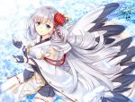  1girl artist_name azur_lane bangs black_gloves black_skirt blue_eyes breasts cloud_print dated eyebrows_visible_through_hair eyeliner feathers flower gloves hair_flower hair_ornament hair_spread_out hands_up in_water japanese_clothes long_hair looking_at_viewer makeup miniskirt mole mole_under_eye nontraditional_miko outdoors partly_fingerless_gloves pleated_skirt shoukaku_(azur_lane) signature silver_hair sitting skirt smile solo syoryuga thigh-highs tsumami_kanzashi very_long_hair white_legwear zettai_ryouiki 