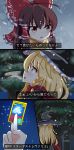  2girls 4koma :d :o blonde_hair blouse blush bow braid breath brown_hair christmas clenched_teeth closed_eyes coat comic d: dated december detached_sleeves dragging hair_bow hair_ribbon hair_tubes hakurei_reimu hat head_rest heart highres kirisame_marisa large_bow long_hair long_skirt long_sleeves multiple_girls open_mouth rankasei red_eyes ribbon ribbon-trimmed_sleeves ribbon_trim scarf side_braid single_braid skirt skirt_set smile socks spell_card teeth touhou tree tsurime v-shaped_eyebrows vest wide_sleeves witch_hat yellow_eyes yuri 