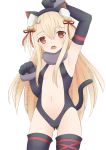  1girl animal_ears arm_up armpits bangs bell black_gloves black_legwear black_leotard blonde_hair blush breasts cat_ears cat_tail commentary_request elbow_gloves eyebrows_visible_through_hair fake_animal_ears fate/kaleid_liner_prisma_illya fate_(series) fur_collar gloves hair_bell hair_between_eyes hair_ornament hair_ribbon illyasviel_von_einzbern jingle_bell leotard long_hair looking_at_viewer navel open_mouth paw_gloves paws red_eyes red_ribbon ribbon small_breasts solo tail thigh-highs toshishikisai very_long_hair 