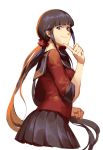  1girl bangs black_hair black_skirt blunt_bangs clenched_hand closed_mouth dangan_ronpa from_side hair_ornament hair_scrunchie hand_up harukawa_maki long_hair looking_at_viewer looking_to_the_side low_twintails new_dangan_ronpa_v3 pleated_skirt red_eyes ruukii_drift sailor_collar school_uniform scrunchie serafuku shirt side_glance simple_background skirt smile solo twintails upper_body very_long_hair white_background 