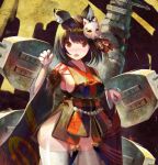  1girl :o animal_ears azur_lane bangs bare_shoulders bell black_hair black_kimono breasts cat_ears cat_mask detached_sleeves facing_away fang hair_ribbon japanese_clothes jingle_bell kimono large_breasts legs_apart long_sleeves looking_at_viewer machinery mask mask_on_head no_bra obi ogin920 open_mouth red_eyes ribbon rope sash shimenawa short_hair short_kimono sideboob skindentation solo standing thigh-highs turret white_legwear wide_sleeves yamashiro_(azur_lane) zettai_ryouiki 