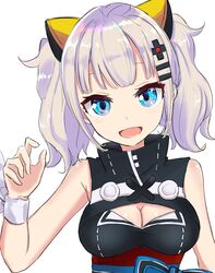  1girl :d bangs bare_shoulders black_dress blue_eyes blunt_bangs blush breasts cleavage cleavage_cutout coraman dress eyebrows eyelashes facing_viewer hair_ornament hairclip highres kaguya_luna kaguya_luna_(character) large_breasts long_hair looking_at_viewer medium_breasts obi open_mouth sash sidelocks silver_hair simple_background smile teeth tongue tsurime turtleneck twintails upper_body white_background wristband 