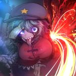  1girl aqua_background black_footwear blood blue_hair blue_hat breasts claws hair_between_eyes hat large_breasts looking_at_viewer miyako_yoshika night night_sky ofuda open_mouth outdoors pigeoncrow pink_eyes saliva sharp_teeth shoes sky smile solo star teeth tongue tongue_out touhou 
