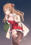  1girl ;d arm_behind_back armpit_peek bag bangs bare_shoulders belt blush bow breasts brown_hair brown_legwear buckle christmas cleavage coat collarbone dated double_bun dress duffel_coat eyebrows_visible_through_hair from_behind from_side fur_trim girls_frontline green_eyes hair_bow half-closed_eyes hand_on_hip hand_to_own_face hand_up holding_bag leaning_forward long_hair looking_at_viewer medium_breasts merry_christmas night night_sky one_eye_closed open_clothes open_coat open_mouth outdoors pantyhose red_bow red_dress rfb_(girls_frontline) santa_costume sidelocks signature sky smile snow snowing solo sparkle standing star thighs torn_clothes torn_pantyhose v 