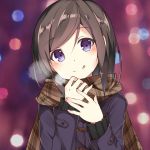 1girl :p ai_cao black_shirt blush brown_hair brown_scarf coat commentary eyebrows_visible_through_hair hand_on_hand hands_up hashima_chihiro holding_scarf imouto_sae_ireba_ii looking_at_viewer purple_coat scarf shirt short_hair solo tongue tongue_out violet_eyes winter_clothes winter_coat 