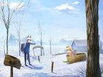  2girls animal_ears bare_tree basin black_legwear blonde_hair blue_sky building clouds commentary day ezo_red_fox_(kemono_friends) fox_ears kemono_friends liya long_hair mountain multiple_girls outdoors outstretched_arm pantyhose pointing signpost silver_fox_(kemono_friends) silver_hair sky snow tree 