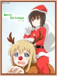  2girls animal_costume antlers belt blonde_hair blue_eyes brown_eyes brown_hair christmas dated english funami_yui hand_on_another&#039;s_head hat merry_christmas multiple_girls reindeer_antlers reindeer_costume ren_kon riding rudolph_the_red_nosed_reindeer sack santa_costume santa_hat toshinou_kyouko yuru_yuri 