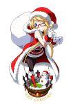 1girl ;) blonde_hair blue_eyes commentary_request dress enta_girl falcoon faux_figurine full_body fur_trim highres looking_at_viewer mascot merry_christmas official_art one_eye_closed red-framed_eyewear red_dress sack santa_costume semi-rimless_eyewear short_hair simple_background smile snk snow snowman solo white_background 