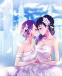  2girls bare_shoulders blue_hair breasts cleavage dokidoki!_precure dress eye_contact feathers flower hair_flower hair_ornament hand_holding hishikawa_rikka jewelry kenzaki_makoto long_hair looking_at_another multiple_girls necklace negom precure purple_hair short_hair smile violet_eyes wedding_dress white_dress wife_and_wife yuri 