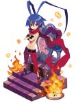  1boy antenna_hair black_gloves blue_hair boots crossed_arms disgaea faux_figurine fire gloves harada_takehito laharl makai_wars male_focus official_art red_eyes red_footwear scarf shirtless solo throne 