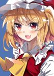  1girl ascot blonde_hair blue_background blush bow commentary_request e.o. fang flandre_scarlet frills hat hat_bow highres looking_at_viewer mob_cap open_mouth red_bow red_eyes short_hair smile solo touhou upper_body yellow_neckwear 