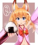  1girl animal_ears blonde_hair blue_eyes blush bow character_request collarbone copyright_request enperuto_(yarumi) eyebrows_visible_through_hair food hair_ornament hairclip highres long_hair looking_at_viewer navel onigiri parted_lips red_bow solo speech_bubble translation_request twintails upper_body 