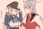  ... 2girls ainu_clothes belt blue_hair blush breasts brown_gloves closed_eyes dress gangut_(kantai_collection) gloves grey_hair hair_between_eyes hair_ornament hairclip headband itomugi-kun jacket jacket_on_shoulders kamoi_(kantai_collection) kantai_collection large_breasts long_hair looking_at_another medium_breasts military military_uniform multicolored_hair multiple_girls naval_uniform open_mouth ponytail red_eyes red_shirt remodel_(kantai_collection) scar scar_on_cheek shirt silver_hair simple_background spoken_ellipsis translation_request uniform wavy_mouth white_hair yuri 