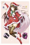  1girl absurdres ahoge bell bow brown_hair brown_legwear capelet christmas double_bun dress full_body fur_trim gift green_bow hairband hat headgear highres jingle_bell kantai_collection kasoke_no_tsubasa kongou_(kantai_collection) long_hair nontraditional_miko one_eye_closed pink_background pom_pom_(clothes) red_dress red_footwear sack santa_costume santa_hat simple_background smile solo thigh-highs violet_eyes 