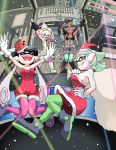  +_+ 4girls antlers aori_(splatoon) aqua_hair arms_up bag black_hair breasts cleavage closed_eyes concert cousins dark_skin domino_mask dress fingerless_gloves full_body gloves gomesu_(gomes0343) highres hime_(splatoon) hotaru_(splatoon) iida_(splatoon) jumping mask mole mole_under_eye multicolored_hair multiple_girls pantyhose pink_hair reindeer_antlers smile splatoon splatoon_2 symbol-shaped_pupils teeth tentacle_hair two-tone_hair white_gloves white_hair yellow_eyes zipper 