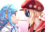  +_+ 2girls absurdres bangs black_shirt blonde_hair blue_eyes blue_hair blue_ribbon blush brown_eyes bubble cabbie_hat character_name closed_mouth collared_shirt commentary_request doma_umaru domino_mask eye_contact food grin hair_between_eyes hat headband heart highres himouto!_umaru-chan hood hoodie ice_dacapo long_hair looking_at_another mask multiple_girls neck_ribbon pocky pocky_kiss red_hat red_hoodie ribbon shared_food shirt short_hair sidelocks smile sparkle strap symbol-shaped_pupils tachibana_sylphynford umr white_shirt wing_collar yuri 