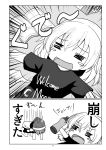  2girls =_= absurdres blush_stickers book bottle comic commentary_request cosplay doremy_sweet greyscale hecatia_lapislazuli hecatia_lapislazuli_(cosplay) highres himouto!_umaru-chan holding holding_bottle kishin_sagume monochrome multiple_girls single_wing smile sweatdrop teoi_(good_chaos) touhou translation_request wings 