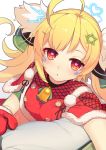  1girl ahoge azur_lane bell blonde_hair blush christmas commentary eldridge_(azur_lane) electricity facial_mark hair_ornament hairclip heart heart-shaped_pupils iltusa long_hair looking_at_viewer lying midriff mittens on_side out_of_frame parted_lips red_eyes solo star star_hair_ornament symbol-shaped_pupils twintails 