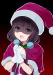  1girl :d blend_s blush bow bowtie brown_hair christmas collarbone commentary_request gloves green_neckwear half-closed_eyes hands_together hat long_hair looking_at_viewer low_twintails open_mouth sakuranomiya_maika santa_costume santa_hat shaded_face short_sleeves smile solo twintails upper_body upper_teeth violet_eyes white_gloves yutsuki_warabi 