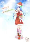  1girl absurdres blue_eyes blue_hair blush boots bubble_background carrying_over_shoulder christmas date_a_live dress full_body fur_trim gift hat highres holding holding_gift kneehighs long_hair looking_at_viewer pink_footwear red_capelet red_dress red_footwear santa_costume santa_hat smile solo star starry_background yoshino_(date_a_live) yoshinon 