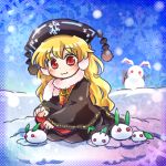  1girl :3 blonde_hair earmuffs fur_collar hat junko_(touhou) long_hair lowres outdoors pote_(ptkan) red_eyes snow_bunny snowing snowman solo touhou wide_sleeves winter 