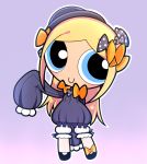  1girl abigail_williams_(fate/grand_order) abigail_williams_(fate/grand_order)_(cosplay) bangs black_bow black_dress black_footwear black_hat blonde_hair bloomers blue_eyes bmo_(zero1017) bow bubbles_(ppg) butterfly c: cartoon_network closed_mouth commentary_request cosplay craig_mccracken_(style) dress fate/grand_order fate/stay_night fate_(series) full_body hair_bow hat long_hair long_sleeves looking_at_viewer orange_bow parted_bangs polka_dot polka_dot_bow powerpuff_girls purple_background shoes sidelocks simple_background sleeves_past_wrists smile solo standing type-moon underwear very_long_hair white_bloomers 
