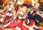  4girls all_fours andrea_doria_(zhan_jian_shao_nyu) antlers bangs bell belt_buckle black_bow black_legwear blonde_hair blue_eyes blush bow box breasts brown_belt brown_eyes buckle capelet character_request christmas_lights christmas_ornaments christmas_tree cleavage closed_mouth commentary_request couch curtains detached_collar dice_hair_ornament dutch_angle eyebrows_visible_through_hair fake_antlers fireplace fur-trimmed_capelet fur-trimmed_hat fur-trimmed_shirt fur-trimmed_skirt fur-trimmed_sleeves fur_collar fur_trim gift gift_box hair_between_eyes hair_bow hair_ornament hat highres indoors jianren long_hair long_sleeves looking_at_viewer medium_breasts multiple_girls night on_couch pants pantyhose pillow pink_hair pleated_skirt red_bow red_capelet red_hat red_pants red_shirt red_skirt reindeer_antlers sack santa_costume santa_hat shirt skirt small_breasts smile snowing striped thick_eyebrows twintails vertical_stripes very_long_hair wide_sleeves window zhan_jian_shao_nyu 
