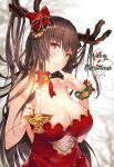  1girl antlers artist_name bangs blush breasts brown_eyes brown_hair candle cleavage closed_mouth collarbone dress eyebrows_visible_through_hair hand_up highres index_finger_raised large_breasts long_hair looking_at_viewer merry_christmas original red_dress reindeer_antlers smile solo upper_body usagihime 