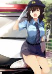  1girl alternate_costume bare_legs belt black_hair blue_neckwear blue_skirt breasts car cuffs day gloves ground_vehicle hand_up handcuffs hat holding kamukamu_(ars) large_breasts miniskirt motor_vehicle necktie no_wings one_eye_closed open_mouth pointy_ears police police_car police_uniform policewoman red_eyes salute shameimaru_aya short_sleeves skirt smile solo striped_neckwear touhou uniform white_gloves wing_collar 