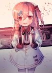  1girl age_regression alternate_costume bag bangs black_bow black_gloves blush bow braid eyebrows_visible_through_hair girls_frontline gloves hair_between_eyes hair_bow hair_ornament hair_ribbon hairclip hanato_(seonoaiko) hexagram holding_bag long_hair looking_at_viewer negev_(girls_frontline) open_mouth pink_hair red_bow red_eyes red_ribbon redhead ribbon side_ponytail simple_background single_braid smile solo star_of_david thigh-highs weapon weapon_bag weapon_on_back white_legwear younger 