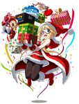  1girl blonde_hair character_doll commentary confetti dress enta_girl falcoon fatal_fury fur_trim gift highres jumping mascot neo_geo official_art red-framed_eyewear red_dress santa_costume semi-rimless_eyewear short_hair simple_background smile snk solo terry_bogard white_background 
