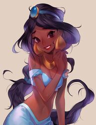  1girl aladdin_(disney) artist_name bare_shoulders black_hair brown_eyes dark_skin disney earrings gem gold jasmine_(disney) jewelry lipstick long_hair low-tied_long_hair makeup midriff necklace parted_lips red_lips seoji simple_background solo tiara very_long_hair 