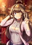  1girl ahoge alternate_costume bag blue_pants blurry blurry_background blush breasts brown_hair cleavage denim double_bun eyebrows_visible_through_hair grey_belt grin headgear ichikawa_feesu jacket kantai_collection kongou_(kantai_collection) large_breasts long_hair long_sleeves looking_at_viewer meme_attire night one_eye_closed open-chest_sweater outdoors pants pink_jacket purple_sweater remodel_(kantai_collection) ribbed_sweater shiny shiny_hair smile solo sweater upper_body v violet_eyes watch watch 