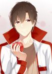  1boy absurdres apple black_hair blurry brown_eyes collarbone depth_of_field eyes_visible_through_hair food fruit hair_between_eyes highres holding holding_fruit jacket jyt looking_at_viewer male_focus quan_zhi_gao_shou solo upper_body ye_xiu 