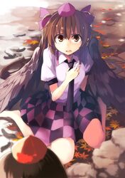  2girls autumn_leaves bangs barefoot black_neckwear blush brown_eyes brown_hair checkered checkered_skirt collaboration commentary_request hair_ribbon hat himekaidou_hatate kamukamu_(ars) ken_(coffee_michikusa) leaf long_hair looking_at_viewer maple_leaf multiple_girls necktie parted_lips pointy_ears puffy_short_sleeves puffy_sleeves purple_ribbon ribbon shameimaru_aya shirt short_sleeves sitting skirt solo_focus tears teeth tokin_hat touhou twintails white_shirt 