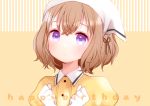  1girl bangs blend_s blush brown_hair commentary_request dress eyebrows_visible_through_hair gloves hair_between_eyes hair_ornament head_scarf hoshikawa_mafuyu kurashi looking_at_viewer portrait puffy_sleeves ribbon short_hair simple_background solo stile_uniform violet_eyes waitress white_gloves wing_collar yellow_background yellow_dress 