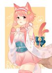  1girl akina_(akn1819) alternate_costume animal_ears bat bell blus cat_ears cowboy_shot elbow_gloves fingerless_gloves fire_emblem fire_emblem_heroes fire_emblem_if fur_collar fur_trim fur_trimmed_boots gloves hairband halloween halloween_costume japanese_clothes kimono looking_at_viewer multiple_tails nekomata obi open_mouth paw_pose pink_eyes pink_hair pumpkin sakura_(fire_emblem_if) sash short_hair sleeveless sleeveless_kimono smile solo tail tail_bell thigh-highs two_tails zettai_ryouiki 