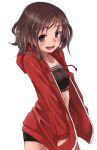 1girl absurdres black_bra boyshorts bra brown_eyes brown_hair drawstring highres hood hooded_jacket jacket looking_at_viewer midriff open_mouth red_jacket simple_background small_breasts smile solo teeth tongue underwear underwear_only white_background yamamoto_souichirou 