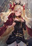 1girl absurdres artist_name avamone bangs black_dress black_leotard blonde_hair blurry bow breasts cape cowboy_shot depth_of_field dress ereshkigal_(fate/grand_order) fate_(series) hair_bow hand_on_own_chest hands_up highres legs_apart leotard light_smile long_hair orange_eyes outdoors parted_bangs parted_lips red_bow signature small_breasts solo tohsaka_rin wavy_hair 