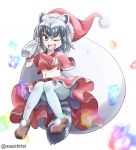  1girl ;d animal_ears black_hair common_raccoon_(kemono_friends) detached_sleeves extra_ears eyebrows_visible_through_hair grey_hair hat holding kemono_friends midriff navel one_eye_closed open_mouth pantyhose raccoon_ears raccoon_tail red_skirt sack sandstar santa_costume santa_hat skirt smile solo souichitei tail white_background 