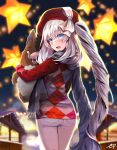  1girl ass blue_eyes blurry checkered_shirt christmas depth_of_field ep_(emio_parn) fate/grand_order fate_(series) hat highres long_hair marie_antoinette_(fate/grand_order) shirt signature silver_hair smile solo star stuffed_animal stuffed_toy sweater twintails very_long_hair 