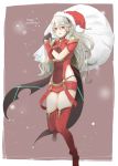  1girl armor artist_request bag blush christmas cosplay female_my_unit_(fire_emblem_if) fire_emblem fire_emblem_if hairband hat pyra_(xenoblade) pyra_(xenoblade)_(cosplay) long_hair looking_at_viewer mamkute my_unit_(fire_emblem_if) pointy_ears red_eyes santa_hat smile solo white_hair xenoblade xenoblade_2 