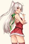  1girl alternate_costume amatsukaze_(kantai_collection) ass bangs bare_arms bare_shoulders beige_background belt dress flying_sweatdrops food food_on_face fruit green_ribbon hand_up highres holding kantai_collection long_hair looking_at_viewer open_mouth panties red_dress red_legwear red_panties ribbon santa_costume saucer short_dress silver_hair solo strawberry strawberry_shortcake takanashi_kei_(hitsujikan) thigh-highs thong twintails underwear very_long_hair yellow_eyes 