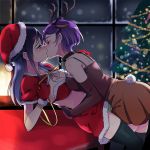  2girls animal_ears bikini_top black_legwear blue_eyes blue_hair breasts brown_skirt capelet christmas christmas_tree cleavage closed_eyes collar dokidoki!_precure fake_animal_ears gloves hat hishikawa_rikka hug kenzaki_makoto kiss leash long_hair medium_breasts multiple_girls negom precure purple_hair red_bikini_top red_gloves red_hat red_skirt santa_hat short_hair skirt thigh-highs yuri 