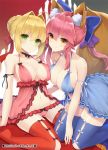  2girls ahoge animal_ears arm_ribbon arm_support babydoll black_bow black_choker black_ribbon blonde_hair blue_bow blue_legwear blue_panties blush bow bow_choker bow_panties breasts choker cleavage collarbone fate/extra fate_(series) fox_ears fox_tail green_eyes hair_bow hair_intakes large_breasts long_hair looking_at_viewer multiple_girls navel nero_claudius_(fate) nero_claudius_(fate)_(all) panties pink_hair ponytail red_bow red_neckwear red_panties ribbon sitting smile tail tamamo_(fate)_(all) tamamo_no_mae_(fate) thigh-highs underwear underwear_only yellow_eyes yuzu-aki 