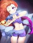  1girl ;) bil-ajeossi blue_shorts blush bracelet breasts cowboy_shot crop_top gradient_hair highres interlocked_fingers jewelry league_of_legends long_hair looking_to_the_side midriff multicolored_hair navel necklace one_eye_closed orange_hair purple_hair sarong scarf shorts sky sleeveless small_breasts smile star_(sky) starry_sky stomach two-tone_hair very_long_hair violet_eyes zoe_(league_of_legends) 