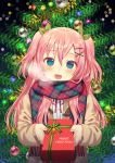  1girl :d bangs bell blue_eyes blush box christmas christmas_ornaments christmas_tree coat enpera eyebrows_visible_through_hair fang fingernails gift gift_box giving hair_between_eyes hair_ornament highres holding holding_gift long_hair long_sleeves looking_at_viewer merry_christmas open_mouth original pink_hair plaid plaid_scarf scarf smile solo toujou_mina two_side_up upper_body winter_clothes x_hair_ornament 