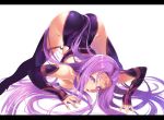  1girl ass black_legwear breasts detached_sleeves fate/stay_night fate_(series) highres hijiri long_hair looking_at_viewer parted_lips purple_hair rider solo teeth thigh-highs top-down_bottom-up very_long_hair violet_eyes 