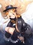  abigail_williams_(fate/grand_order) bangs black_bow black_dress black_hat bow dress fate/grand_order fate_(series) forehead hair_bow hat long_hair orange_bow parted_bangs paseri polka_dot polka_dot_bow sleeves_past_wrists 